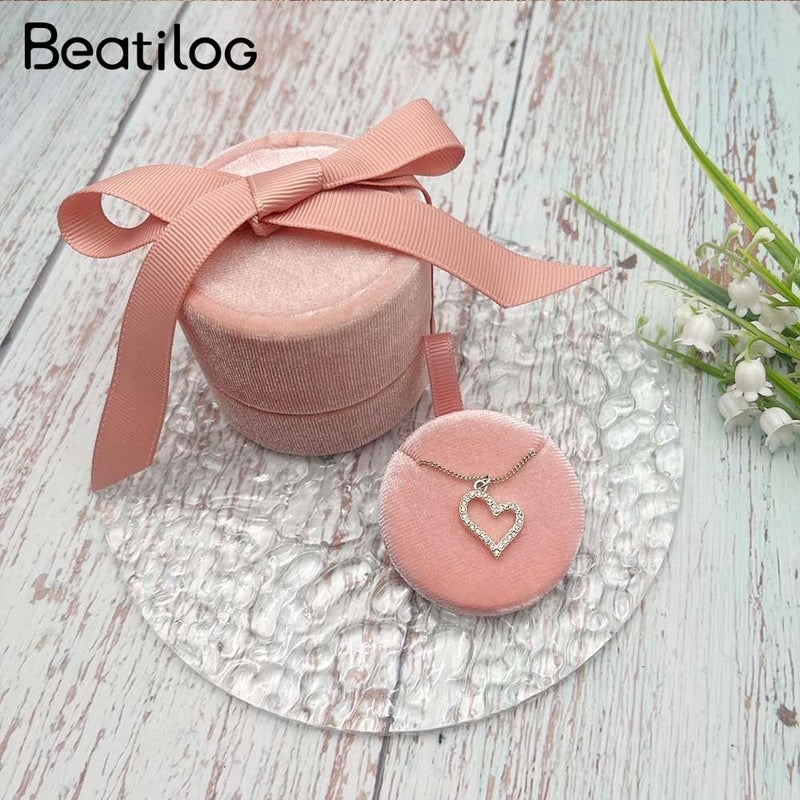 Beatilog Small Necklace Gift Box - Velvet Pendant Case Portable Round Jewelry Storage with Elegant Ribbon Bow for Birthday, Mothers Day, Christmas, Wedding, Anniversary ï¼ˆPinkï¼‰ - Image 5
